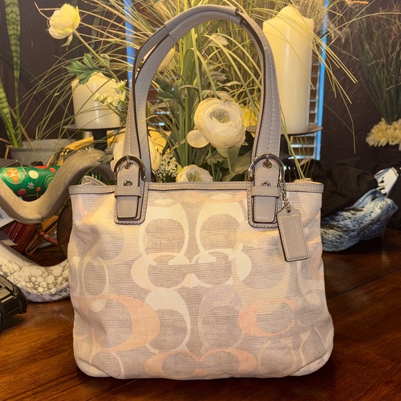 Coach Handbags - Coach North South Optic Linen Hobo Bag Gray Tan Peach Ivory A1260-F19268